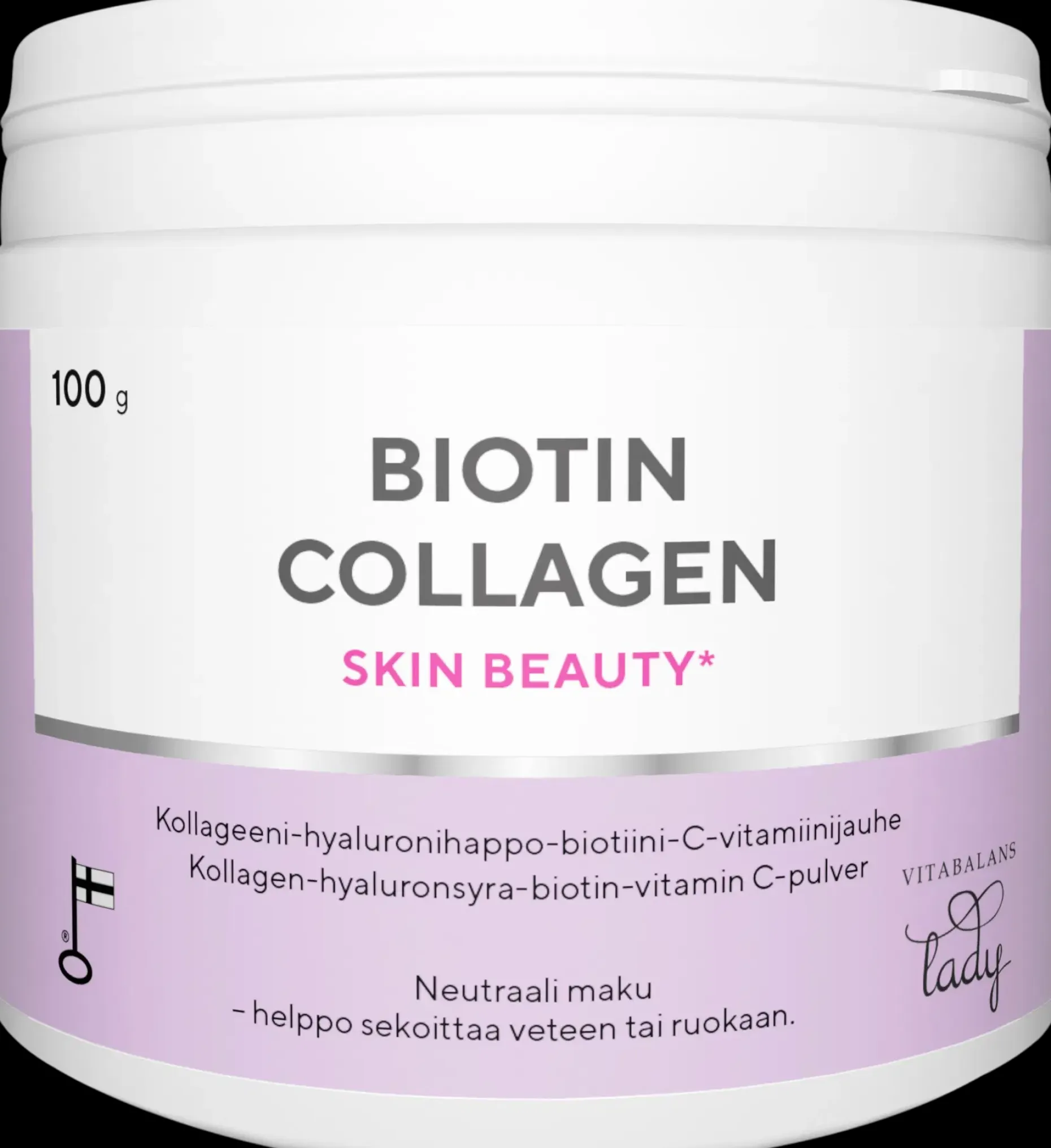 Biotin Collagen 100 g., kotimainen kollageeni-hyaluronihappo-biotiini-C-vitamiini jauhe, Vitabalans