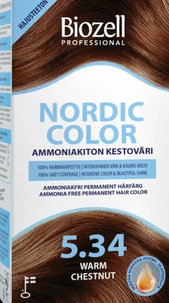 Biozell Professional Nordic Color ammoniakiton kestoväri Warm Chestnut 5.34 2x60ml