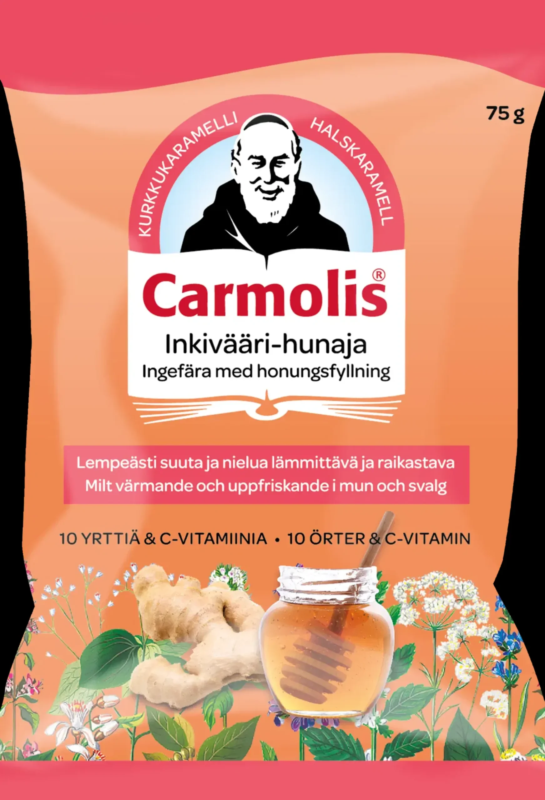 Carmolis Hunajainen inkivääri yrttikaramelli 72g