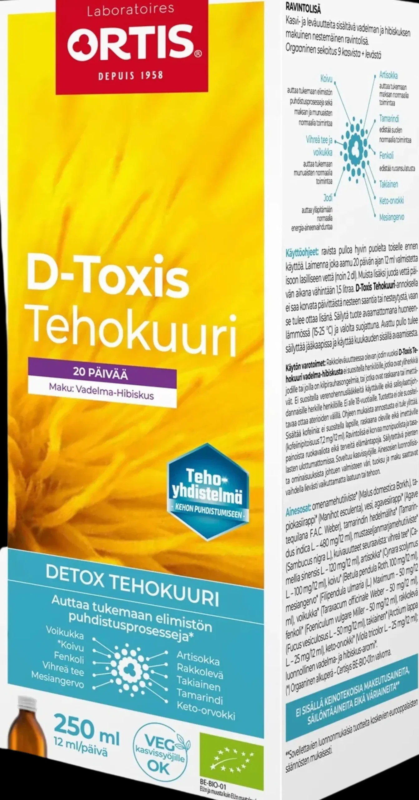 D-Toxis Detox puhdistava tehokuuri Vadelma-hibiskus 250 ml