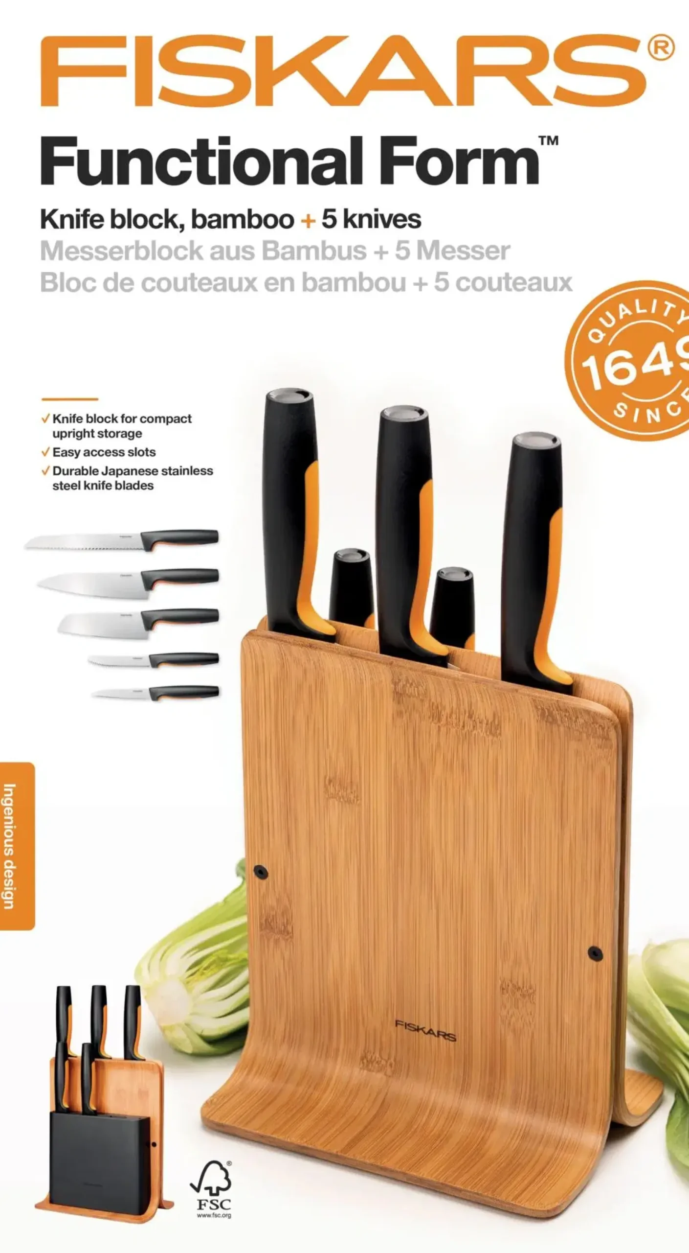 Fiskars Functional Form Veitsitukki bambu (sis. 5 veistä)