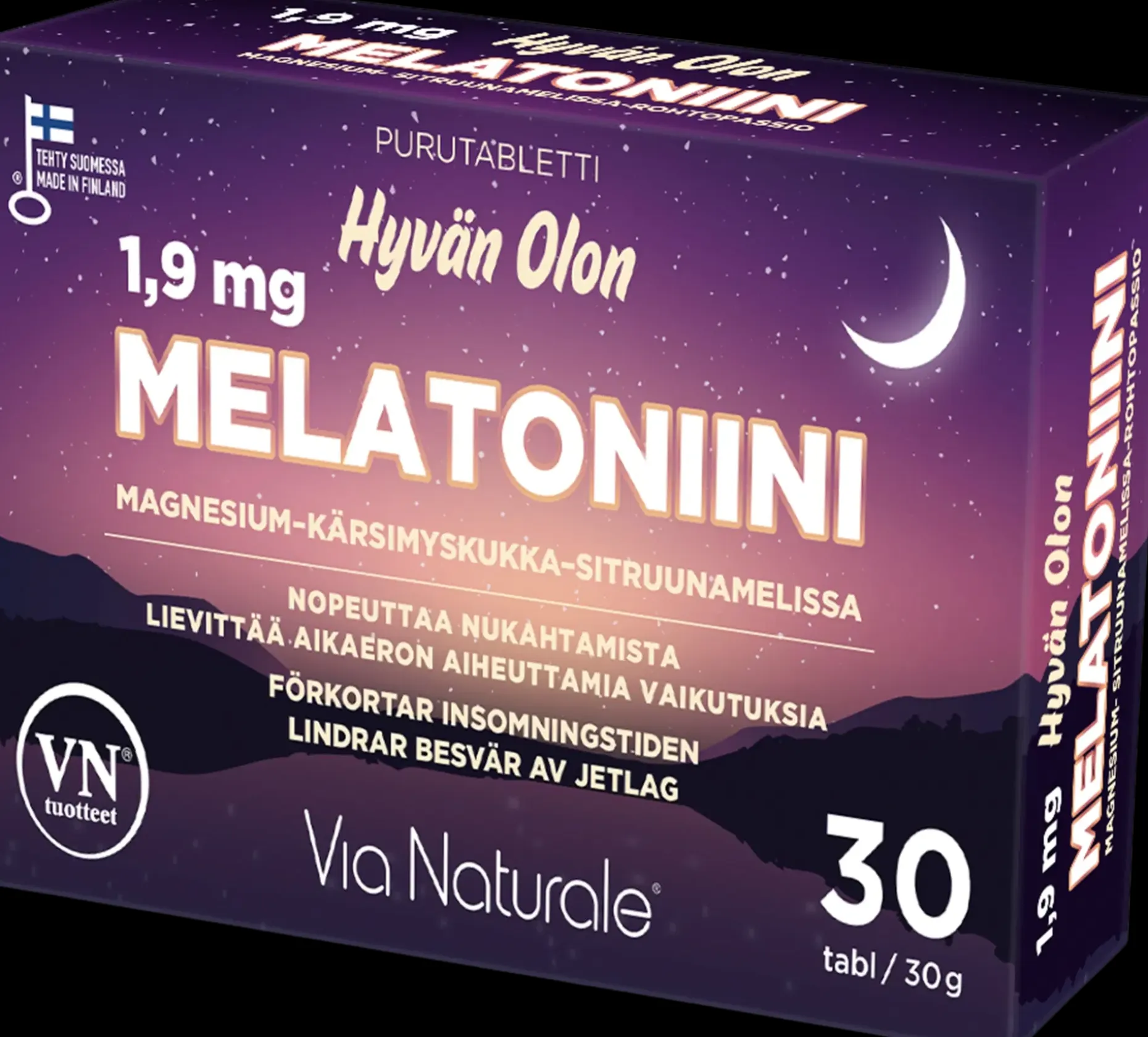 Hyvän Olon Melatoniini 1,9 mg+Magnesium-Kärsimyskukka-Sitruunamelissa 30tabl Via Naturale