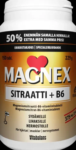 Magnex sitraatti + B6 150 tabl., magnesiumsitraatti-B6-vitamiinitabletti, kampanjapakkaus, Vitabalans