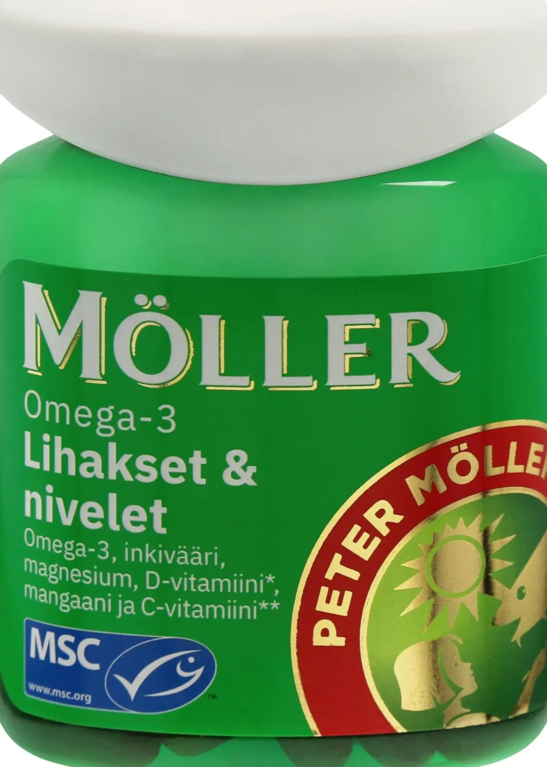 Möller Omega-3 Lihakset & nivelet Omega-3-rasvahappo-inkivääri-vitamiini-kivennäisainekapseli ravintolisä 81g/60kaps