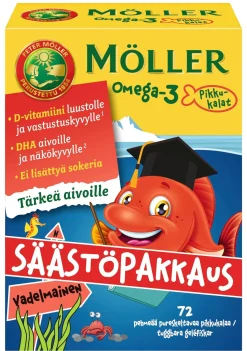 Möller Omega-3 Pikkukalat säästöpakkaus vadelmainen pehmeä pureskeltava 72kpl