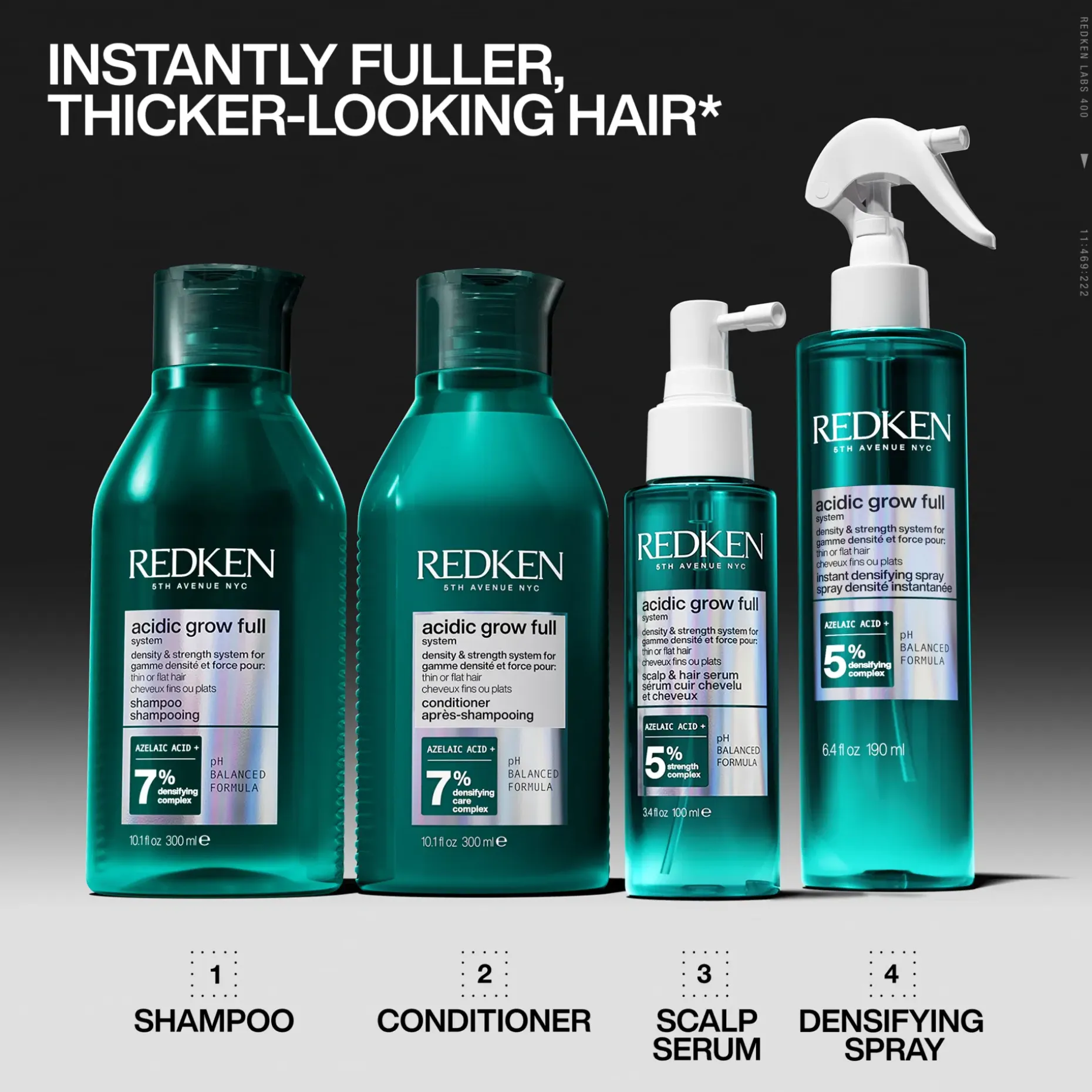 Redken Acidic Grow Full System hiuspohjaseerumi oheneville hiuksille. Auttaa vahvistamaan ja tuuheuttamaan hiuksia.