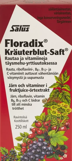 Salus Blutsaft Floradix rautaa ja vitamiineja täysmehu-yrttiuutoksessa 250ml