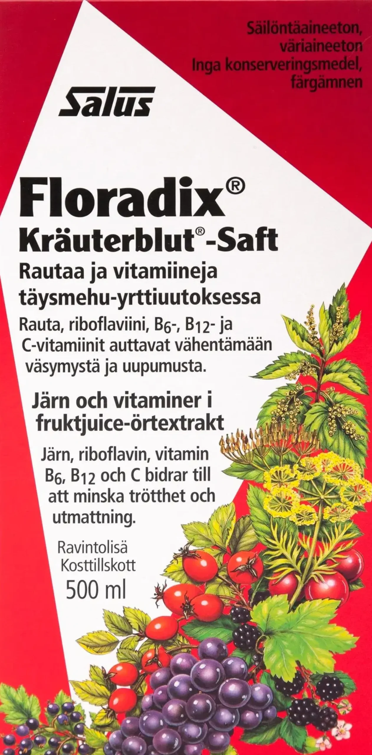 Salus Blutsaft Floradix rautaa ja vitamiineja täysmehu-yrttiuutoksessa 500ml