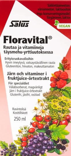 Salus Blutsaft Floravital rautaa ja vitamiineja täysmehu-yrttiuutoksessa 250ml