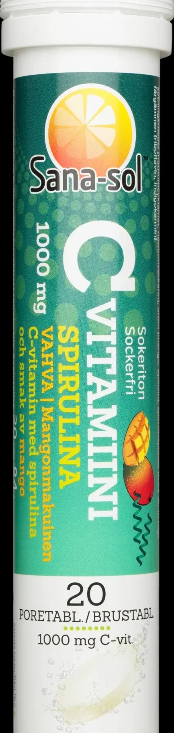 Sana-sol C-vitamiini spirulina 1000mg sokeriton mangonmakuinen C-vitamiiniporetabletti 20 poretablettia