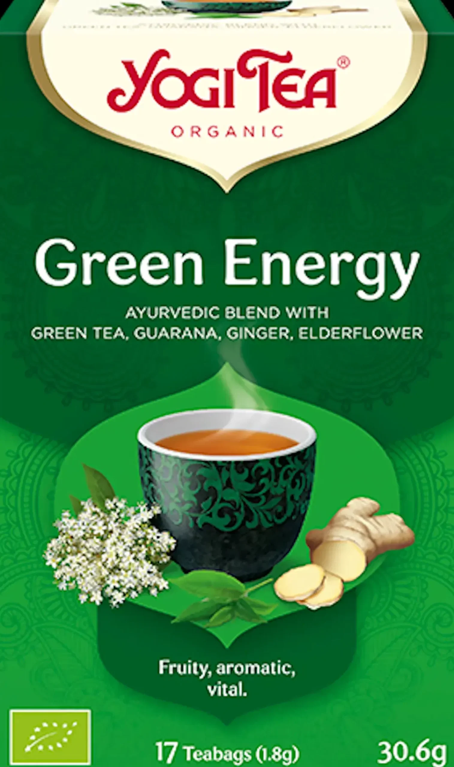 Yogi Tea Luomu Green Energy Vihreä yrtti-guarana-kombucha Maustetee Ayurvedinen 17x1,8g